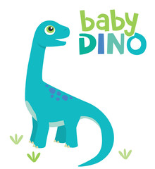 Cute Little Baby Brontosaurus Dinosaur with Baby Dino Text Isolated on White Background Vector Illustration 