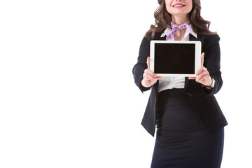 cropped image of stewardess showing tablet with blank screen isolated on white