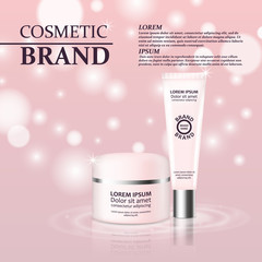 3D realistic cosmetic bottle ads template. Cosmetic brand advertising concept design with glitters and bokeh background