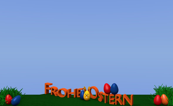 Osterlandschaft mit Osterhase, bunten Eiern, Grasbüscheln und dem Text Frohe Ostern in deutsch auf grüner wiese mit blauem Himmel. 3d render
