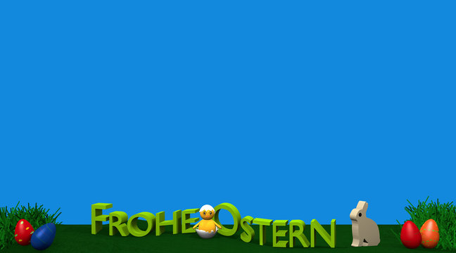Osterlandschaft mit Häschen, Küken, bunten Eiern, Grasbüscheln und dem Text Frohe Ostern in deutsch auf grüner wiese mit blauem Hintergrund. 3d render