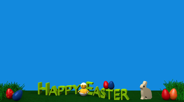 Osterlandschaft mit Häschen, Küken, bunten Eiern, Grasbüscheln und dem Text Frohe Ostern auf grüner wiese mit blauem Hintergrund. 3d render