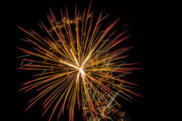 Brightly colorful fireworks a variety of colors in the sky at night