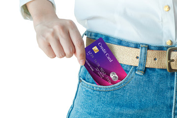 women hand pick up realistic credit card for shopping of isolated white background