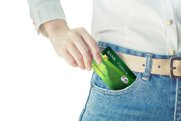 women hand pick up realistic credit card for shopping of isolated white background