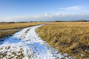 Fototapeta na wymiar Snow-covered country road through wild meadows