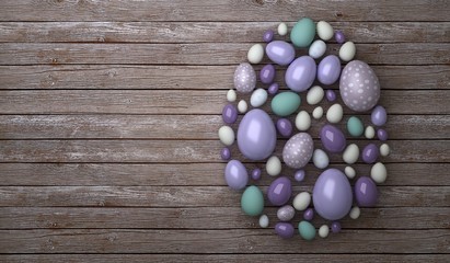 Creative layout made of eggs on wood background. Easter concept.