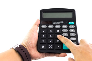 Man is pressing the calculator button