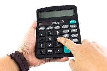 Man is pressing the calculator button