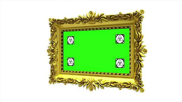 Gold picture frame rotates around on white background, seamless loop. 3d animation with motion tracking markers and green screen. Alpha matte included.