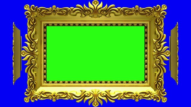 Ornate gold picture frames rotate in a circle on blue background, chroma key. Seamless loop, 3D animation with tv noise and green screen.