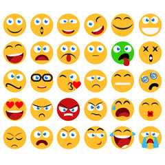 Fototapeta premium Large set of vector smiles, emoticons and emojis in minimalistic flat design. Funny and silly abstract facial expression icons collection