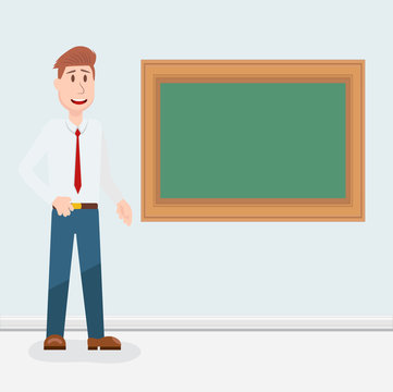 Teacher, professor standing in front of blank school blackboard vector illustration. School teacher in glasses, male teacher near blackboard