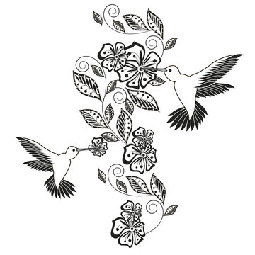 Monochrome hand drawn decorative floral element, hummingbird for coloring page, print, tattoo stock vector illustration
