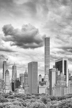 Black and white picture of stormy sky over Manhattan skyline, New York City, USA.