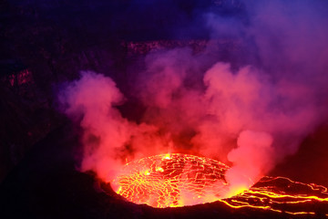Lava and steam in crater of Nyiragongo volcano in Virunga National Park in Democratic Republic of...