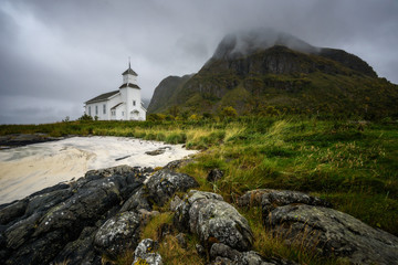 Fototapeta na wymiar Gimsoy church on Lofoten Islands in Norway