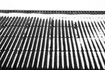 Snow on the house roof in black and white.