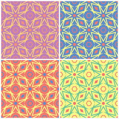 Colored floral seamless backgrounds. Set of bright patterns with geometric elements