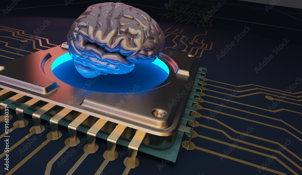 Poster machine learning brain symbol on circuit board 3d rendering