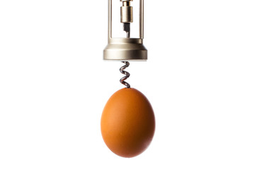 corkscrew opens the egg. the concept of abortion. isolated