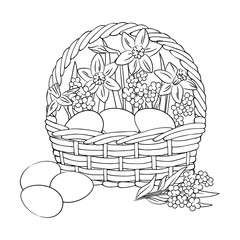 vector contour Easter eggs in basket with flowers daffodil narcissus forget-me-not coloring book