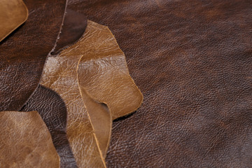 Natural brown leather for furniture crafting, interior design and fashion design.