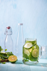 Detox water with vegetables and fruits. Diet healthy eating and weight loss.
