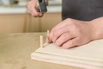 Ein Holzdübel wird in ein Regalbrett eingeschlagen