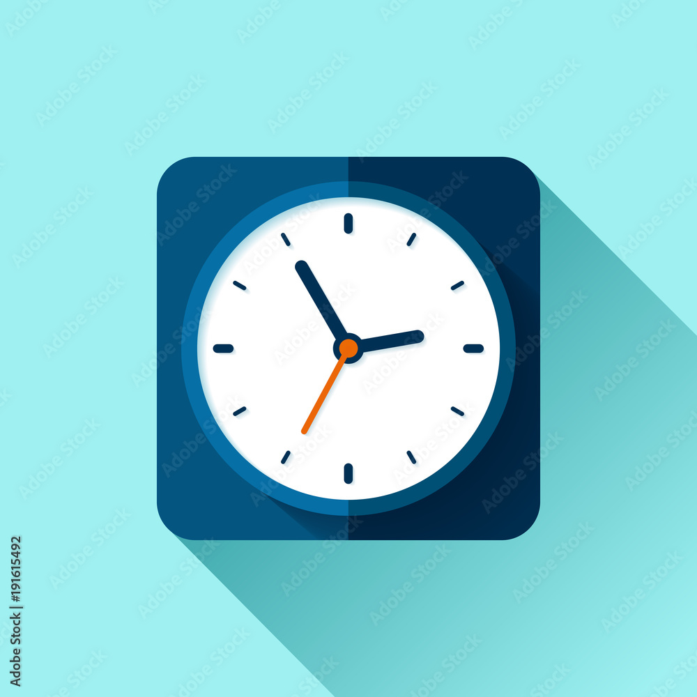 Aufkleber clock icon in flat style, square timer on blue background. business watch. vector design element for