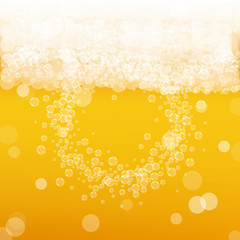 Beer background with realistic bubbles. Cool liquid drink for pub and bar menu design, banners and flyers. Yellow square beer background with white frothy foam. Cold glass of ale for brewery design.