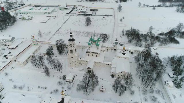 View from the heights to the Tolga convent in Yaroslavl on the banks of the Volga in winter. Russia