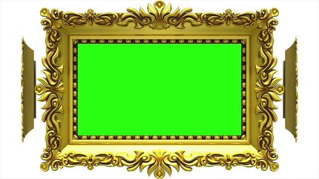 Ornate gold picture frames rotate in a circle on white background. Seamless loop, 3D animation with tv noise and green screen.
