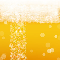 Beer background with realistic bubbles. Cool beverage for restaurant menu design, banners and flyers. Yellow square beer background with white frothy foam. Fresh cup of lager for brewery design.