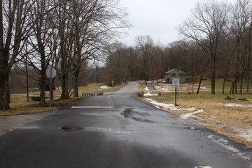 The wet road in the park on a cloudy winter day.