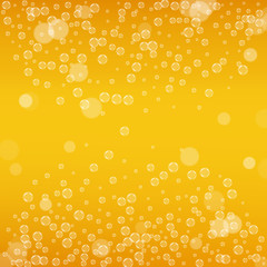 Beer background with realistic bubbles. Cool liquid drink for pub and bar menu design, banners and flyers. Yellow square beer background with white frothy foam. Cold glass of ale for brewery design.