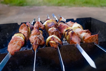 Shish kebabs on the grill on metal skewers in the open air. Picnic open air.