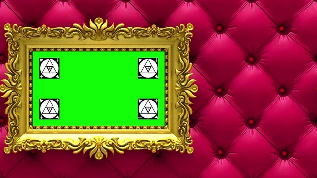 Camera moves along gold picture frames on luxury red upholstery background. Seamless looped 3d animation. Motion tracking markers and green screen included.
