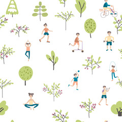 Active lifestyle, sports entertainment outdoors. Young people in city park among the trees. Seamless pattern, vector background illustration on white.