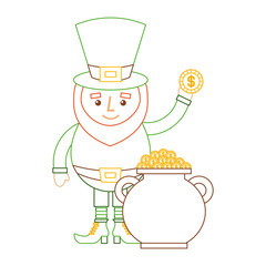 cartoon leprechaun holding gold coin and pot money st patricks vector illustration line color design