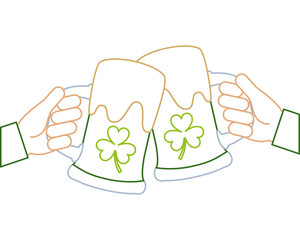 two hands holding green beer glass clover foam celebration vector illustration line color design
