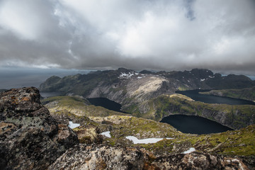 View from mountain to sea and lakes on the Lofoten island