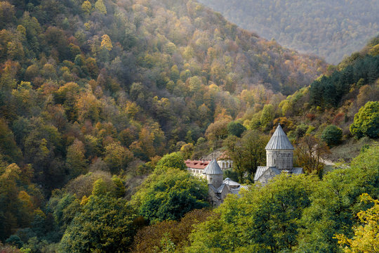 beautiful Armenian monastery in the autumn mountains, Haghartsin.