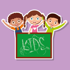 three kids happy boys and girl with chalkboard vector illustration