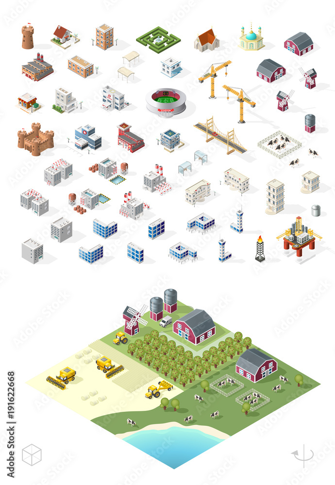 Poster build your own isometric city . isolated high quality vector elements on white background