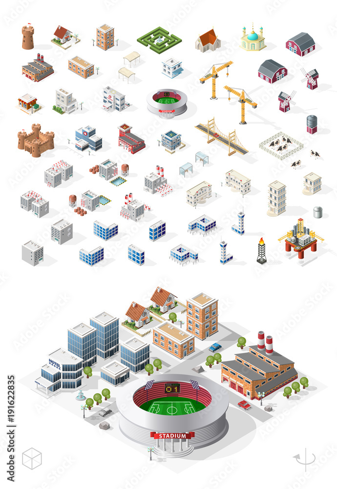 Poster build your own isometric city . isolated high quality vector elements on white background