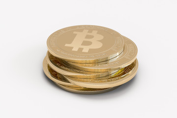 Golden bitcoin coins on the white background. 3d illustration. Bitcoin Cryptocurrency Digital Bit Coin BTC Currency Technology Business Internet Concept.