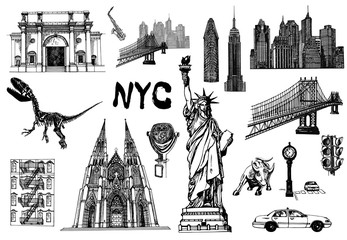 Set of hand drawn sketch style New York themed isolated objects. Vector illustration. - obrazy, fototapety, plakaty
