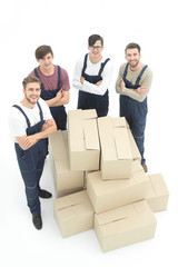 Happy smiling movers carrying boxes, isolated on white backgroun