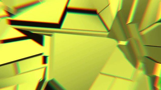 Yellow abstract polygonal broken shapes fluctuate seamless loop. 3D animation.